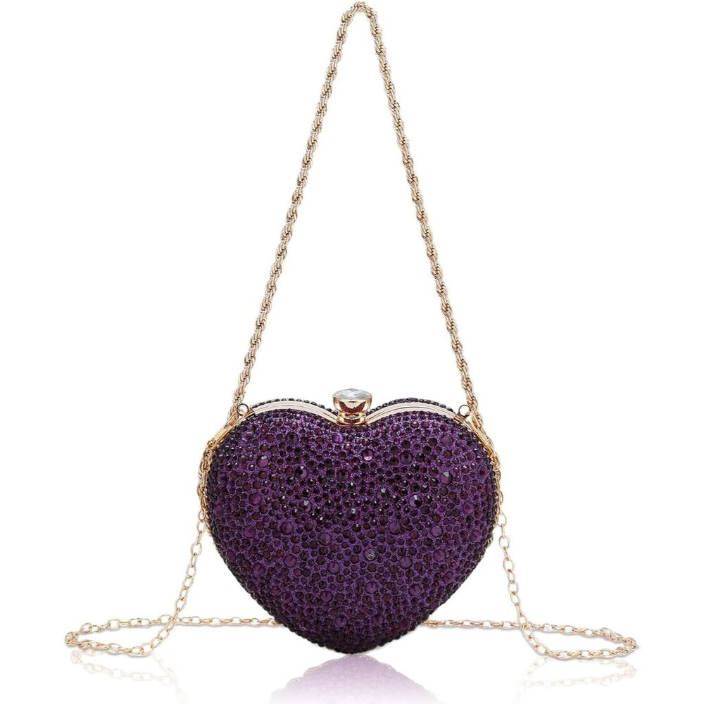 ⚡  Women's Cute Heart Shape Rhinestone Evening Wedding Purple Clutch Handbag